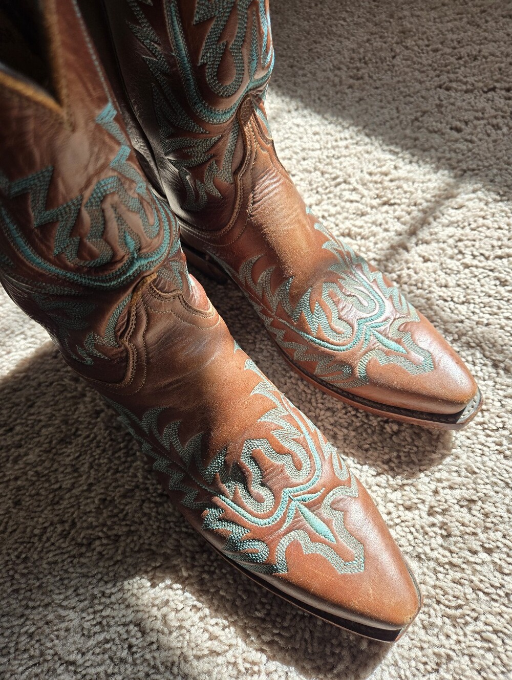 Women's Luchese Brown Leather Western Boots with Turquoise Stitching